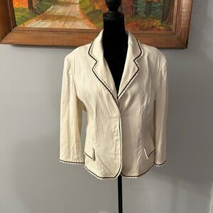 Anne Klein Off White Linen Blazer With Navy Blue Trim Size 10 EUC 38-inch Bust